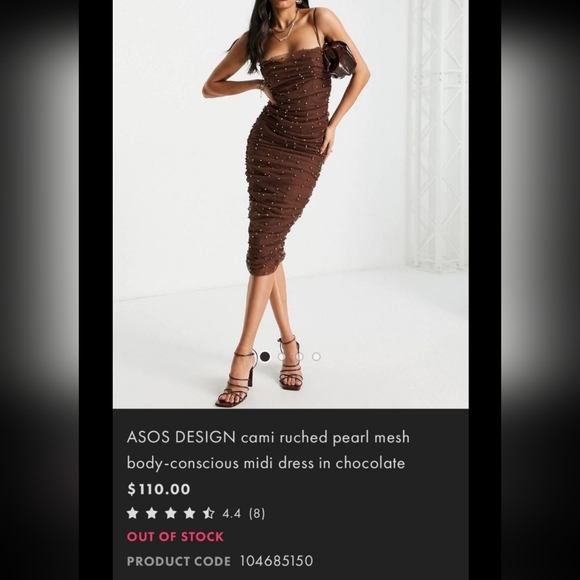 Cami Ruched Pearl Mesh Midi Dress In Chocolate - Picture 3 of 3